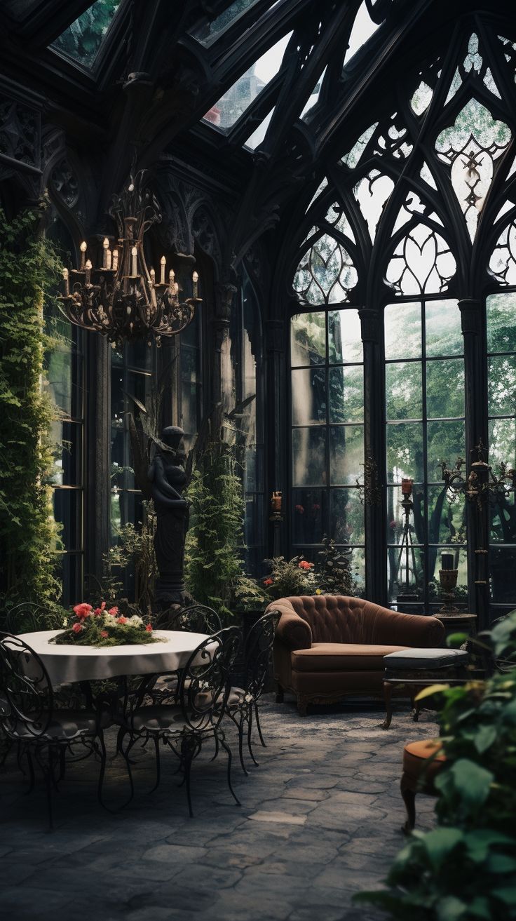 a living room filled with furniture and lots of windows covered in ivy growing on the walls