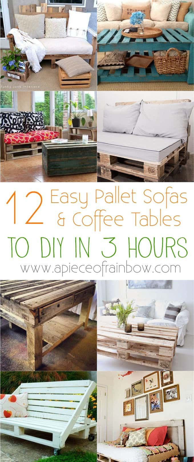 diy pallet sofas and coffee tables made out of wooden pallets with text overlay that says, 12 easy pallet sofas and coffee tables to diy in 3 hours