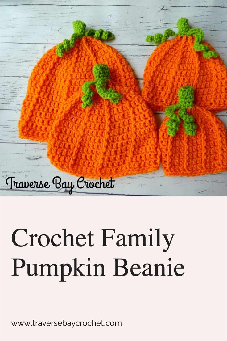 two crocheted pumpkin beanies with green leaves on them and the words crochet family pumpkin beanie