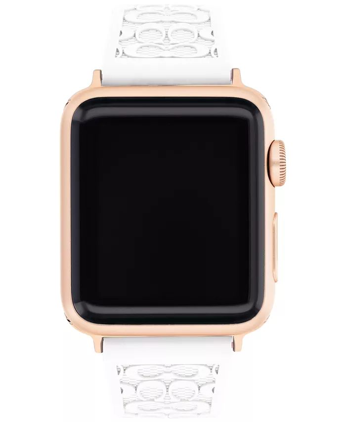 COACH - White Rubber 38/40mm Apple Watch® Band Classic White Watches With Bracelet Strap, Rectangular White Watches With Leather Strap, Rectangular White Watch With Leather Strap, Classic Adjustable White Watch Bands, Classic White Adjustable Watch Accessories, Classic Adjustable White Watch Accessories, Timeless White Watch With Bracelet Strap, Luxury White Watches With Leather Strap, Luxury White Adjustable Watch Bands