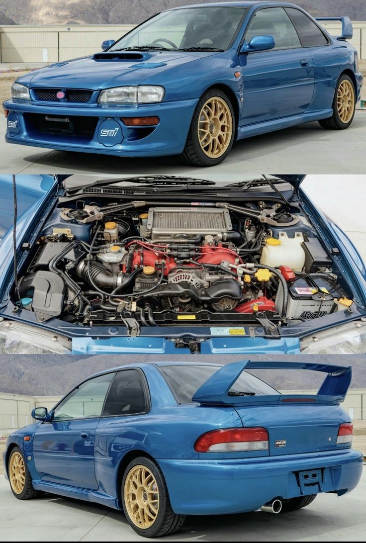 two pictures of a blue car with the hood open