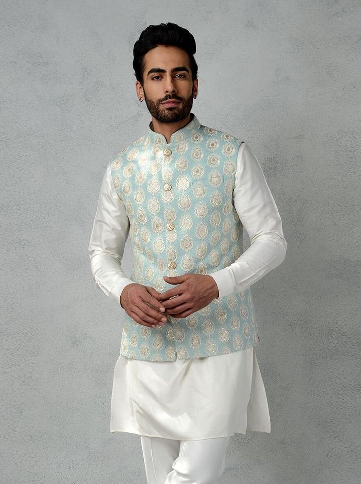 white cotton silk kurta pajama with embroidery westcoat set NOTE: All our items are handmade and specially customized for our beautiful customers. Please expect minor variations in the actual product as compared to the image displayed. We make it exclusively using similar fabrics. Product color may slightly vary due to photographic lighting sources or your monitor settings. Order will not be canceled once placed. Please check our terms & conditions before placing an order. For Express Shipping Please contact me, We will try our best to deliver the product as soon as possible. Dry cleaning only Traditional Nehru Jacket With Cutdana In Cotton Silk, Traditional Nehru Jacket In Cotton Silk With Cutdana, Traditional Cotton Silk Nehru Jacket With Cutdana, Cotton Silk Nehru Jacket For Wedding Long Sleeve, Embroidered Cotton Silk Nehru Jacket For Eid, Long Sleeve Cotton Silk Nehru Jacket For Wedding, Cotton Nehru Jacket For Navratri Designer Wear, Wedding Nehru Jacket With Cutdana On Cotton Silk, Wedding Cotton Silk Nehru Jacket With Cutdana