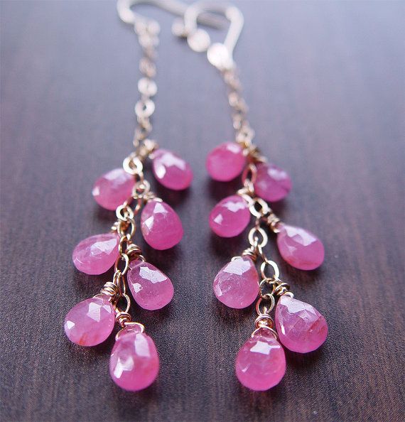 Pink Sapphire Cluster Earrings  14k Gold Chain by friedasophie, $69.00 Fine Jewelry Pink Briolette Jewelry, Handmade Pink 14k Gold Jewelry, Handmade 14k Gold Pink Jewelry, Pink Briolette Fine Jewelry Earrings, Fine Jewelry Pink Briolette Earrings, Dainty Pink Wire Wrapped Jewelry, Dainty Pink 14k Gold Earrings, Pink Briolette Sterling Silver Earrings, Pink Sterling Silver Briolette Earrings