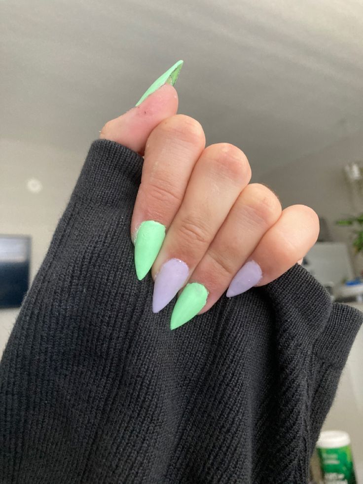 Mint and purple nails with revlon matte top coat Mint And Purple Nails, Mint Green And Purple Nails, Green And Purple Nails Pastel, Matte Nails Lavander, Green And Purple Nails Aesthetic, Purple And Green Nails Acrylic Pastel, Mint And Purple, Revlon Matte, Mint Green Nails