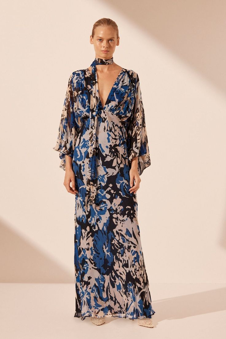 OLEA PLUNGE BALLOON SLEEVE MAXI DRESS | AZURE/MULTI | DRESSES | SHONA JOY V-neck Maxi Dress With Elastic Sleeves For Party, Blue V-neck Dress With Sheer Sleeves, Bohemian Sheer V-neck Maxi Dress, Flowy V-neck Maxi Dress With Elastic Sleeves, Elegant Billowy V-neck Maxi Dress, Elegant Floral Print Dresses With Balloon Sleeves, Elegant Dresses With Floral Print And Balloon Sleeves, Billowy Chiffon Maxi Dress For Spring, Formal Flowy Maxi Dress With Sheer Sleeves