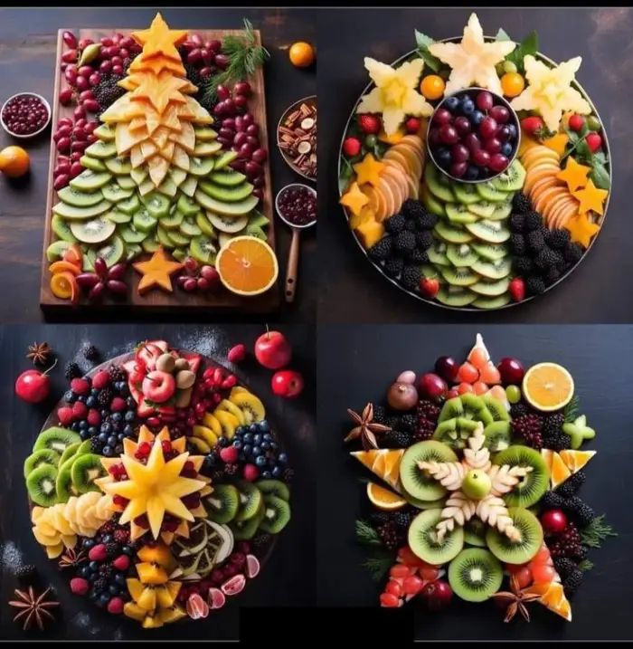 four plates with fruit arranged in the shape of a christmas tree and star shaped trees