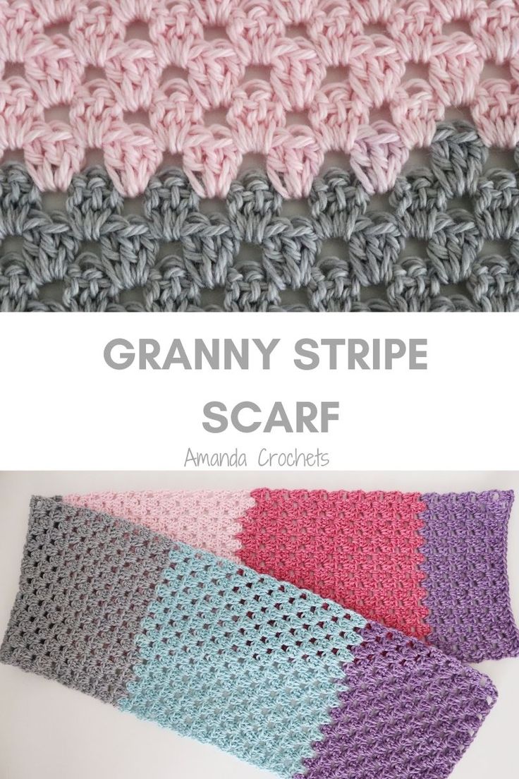 crocheted granny stitchs with text overlay that says granny stripe scarf