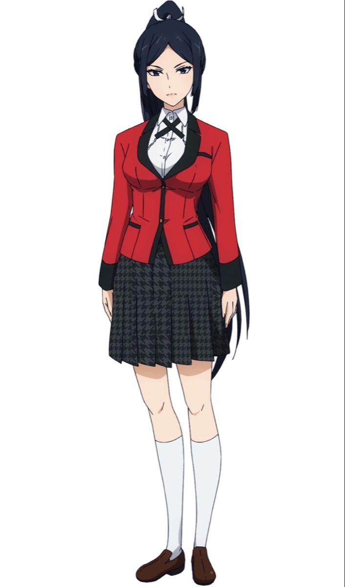 an anime character wearing a red jacket and black skirt with white socks, standing in front of