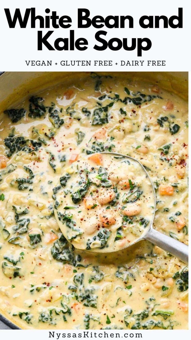 white bean and kale soup in a pot with a spoon