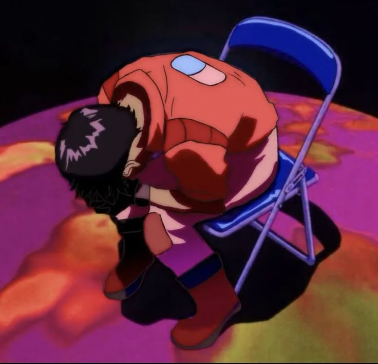 an animated image of a man sitting in a folding chair on top of the earth