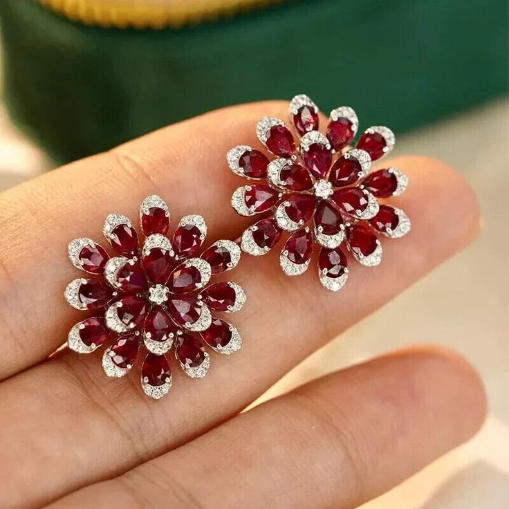 Ruby Flower Earrings, Diamond Flower Earrings, Red Ruby Earrings, Ruby Jewelry Necklaces, Blossoming Flower, Ruby Flower, Gold Flower Earrings, Ruby Jewellery, Diamond Chandelier Earrings