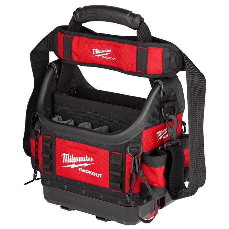 a red and black milwaukee tool bag