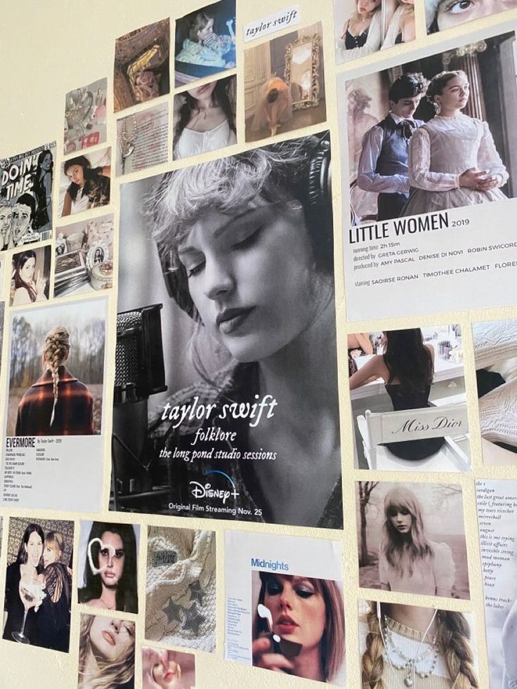 a wall covered in pictures and magnets with the words taylor swift written on it