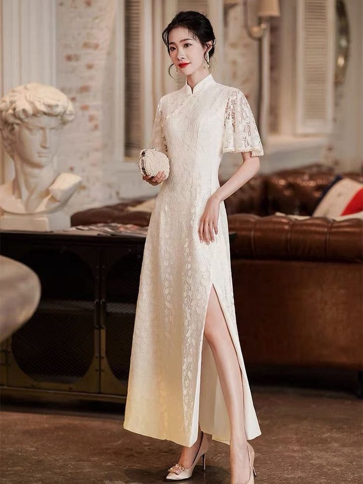 White Cheongsam Wedding Dress, White Qipao Wedding Dress, Chinese Style Wedding Dress, Qipao Gown, Qipao Wedding Dress, Fitted Embroidered White Cheongsam, White Qipao, White Cheongsam, Qipao Wedding