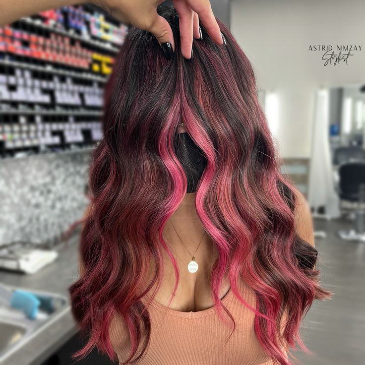 Fushia Balayage Hair, Pink And Blonde Highlights In Brown Hair, Pink On Brown Hair, Pink Bayalage Hair, Pink Hair Color Ideas For Brunettes, Hot Pink Highlights In Brown Hair, Brown To Pink Hair, Pink Highlights Brown Hair, Pink Balayage Brunette