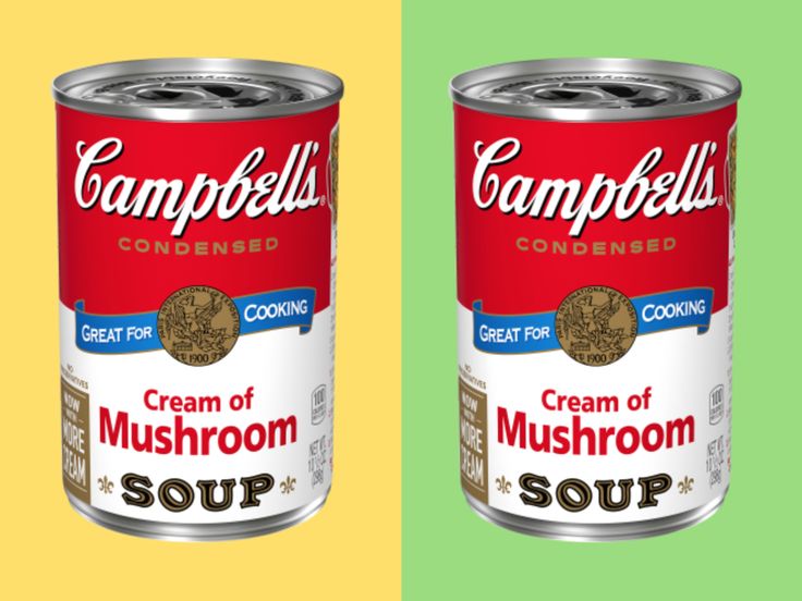 two cans of soup are side by side on a green and yellow background, one has the word campbell's confection