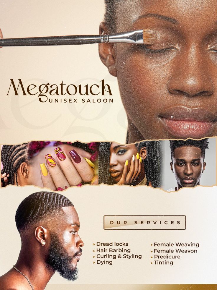 an advertisement for the megatouch salon featuring two women with their faces cut out