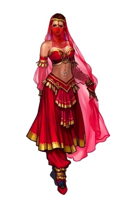 a drawing of a woman in red and gold costume with her hands on her hips