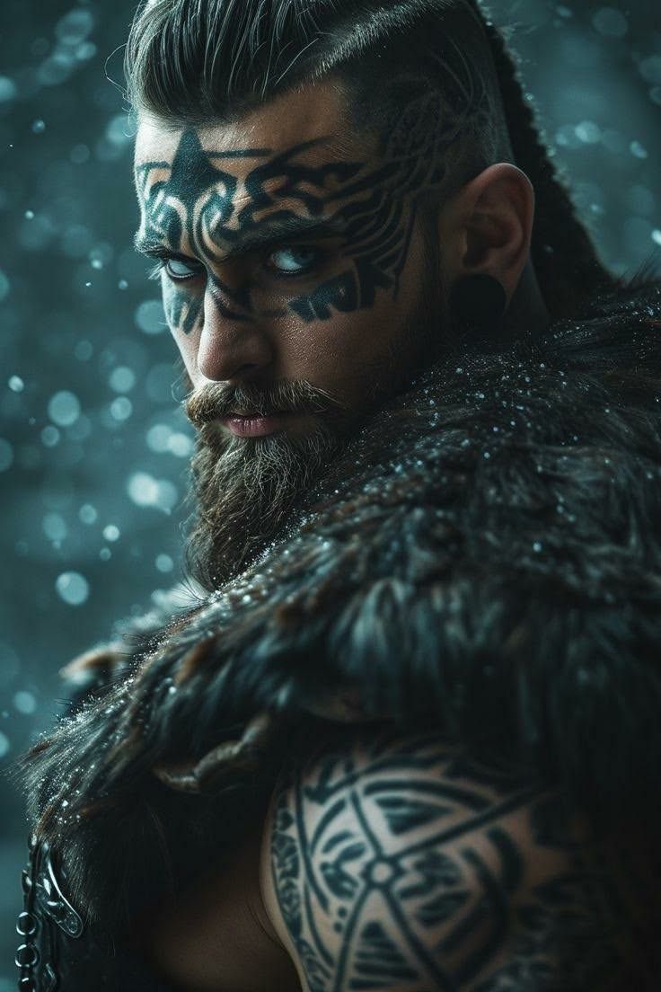 a man with tattoos on his face and chest is looking down at the camera while standing in the rain