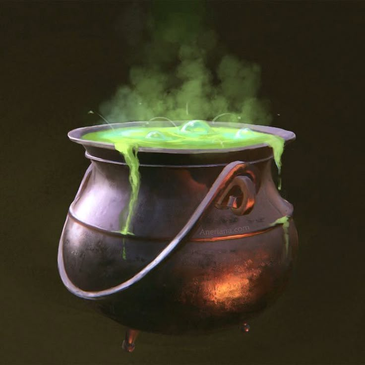 a pot with green liquid pouring out of it's top and steam coming from the bottom