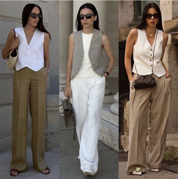 White Waist Coat Outfit Women, White Linen Waistcoat Outfit, Wide Leg Pants And Vest Outfit, White Crop Vest Outfit, Vest And Wide Leg Pants, Cream Waistcoat Outfit Women, White Waistcoat Outfit Women, White Waistcoat Outfit, Waist Coat Outfit