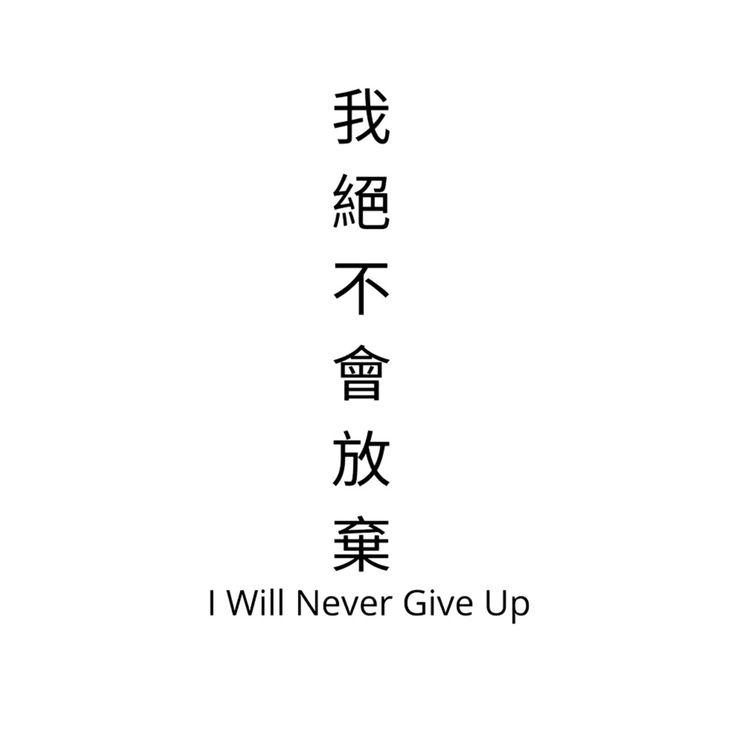 the words i will never give up written in chinese characters on a white background with black lettering