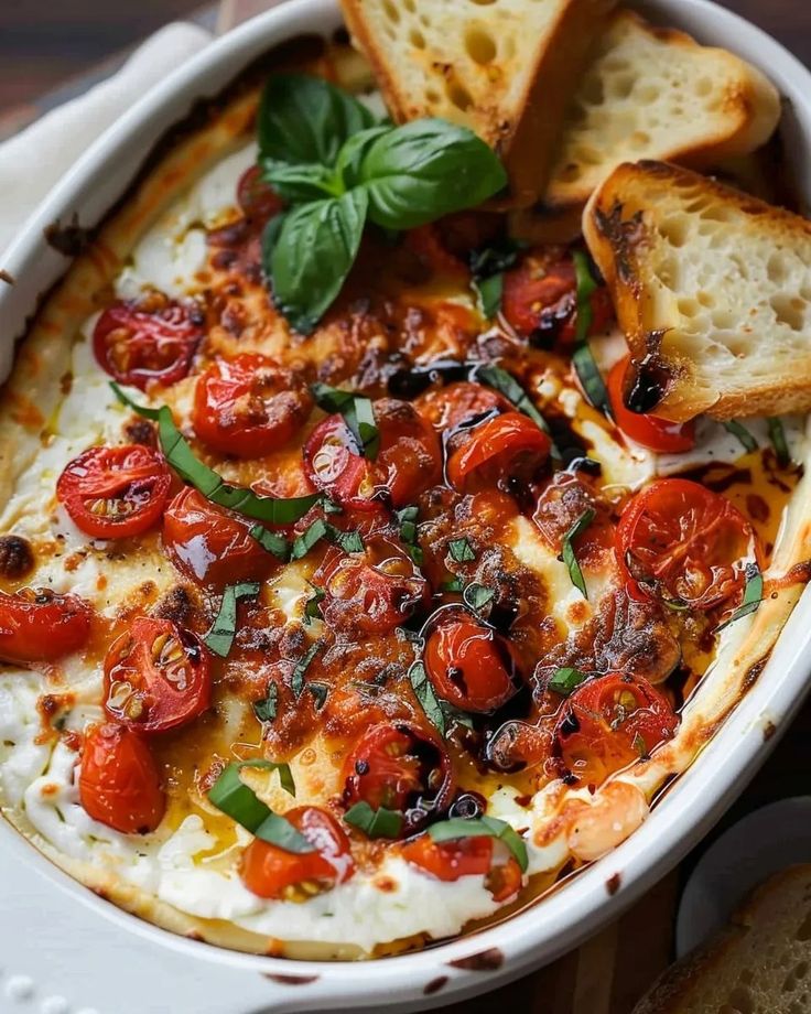 a white dish filled with bread and tomatoes