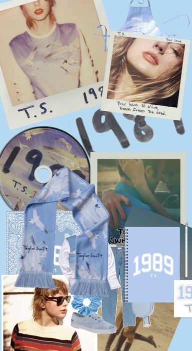 the collage has photos, cd's, and other items in blue tones