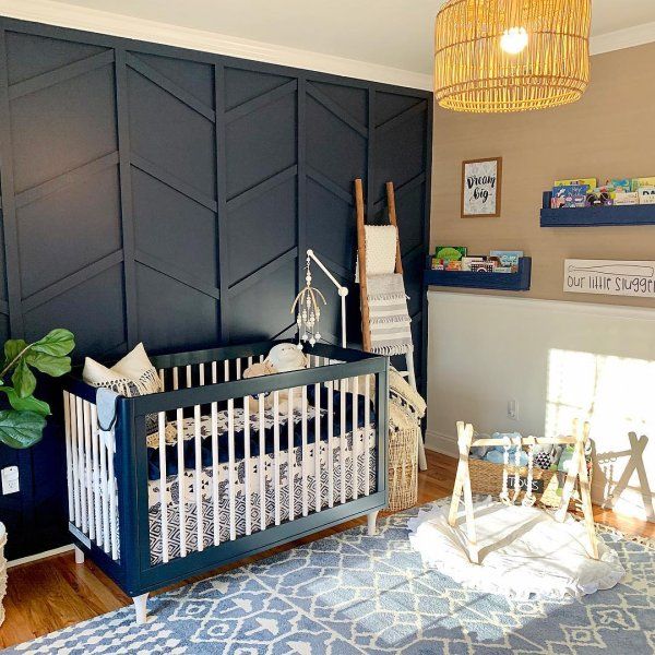 a baby's room is decorated in blue and white