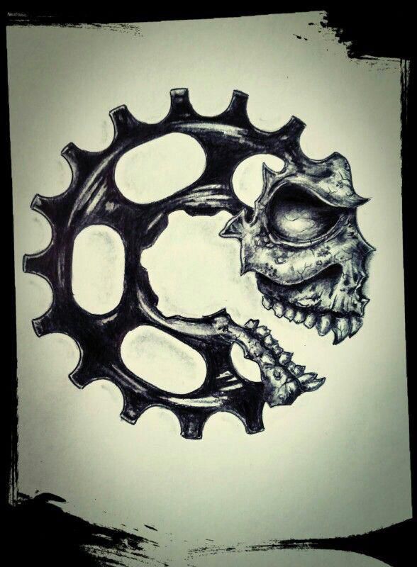 a drawing of a skull and cogwheel