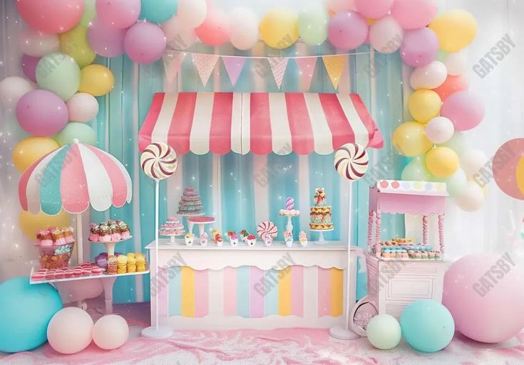 Candy Lollipop Shop Backdrop - Gatsby Backdrop Candy Theme Birthday Party, Birthday Party Photography, Background Studio, Garland Backdrops, Candyland Birthday, Pregnant Wedding, Candy Theme, Adult Birthday Party, Party Photography