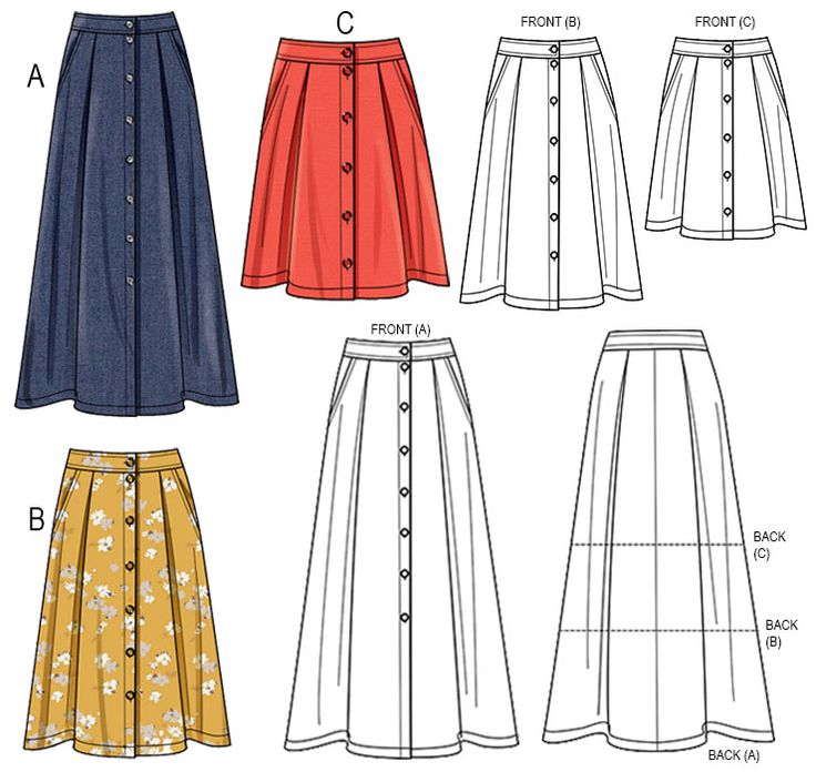 four different skirts with buttons on the front and back, all in three different colors