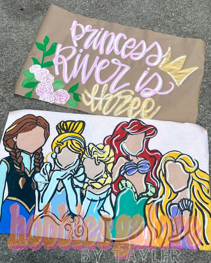 two bags with princesses drawn on them sitting on the ground next to each other