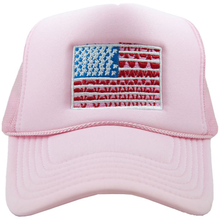 a pink trucker hat with an american flag patch on the front and back side