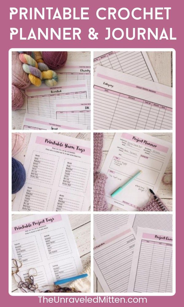 the printable crochet planner and journal is shown in four different pictures with text overlay