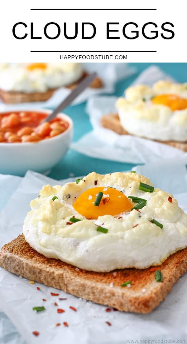 an egg is on top of bread with other food in the background and text overlay that reads, how to make cloud eggs