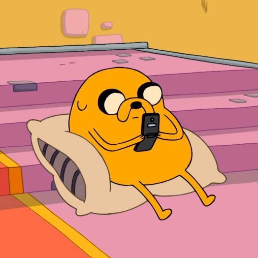 a cartoon character is sitting on the floor with his cell phone up to his ear