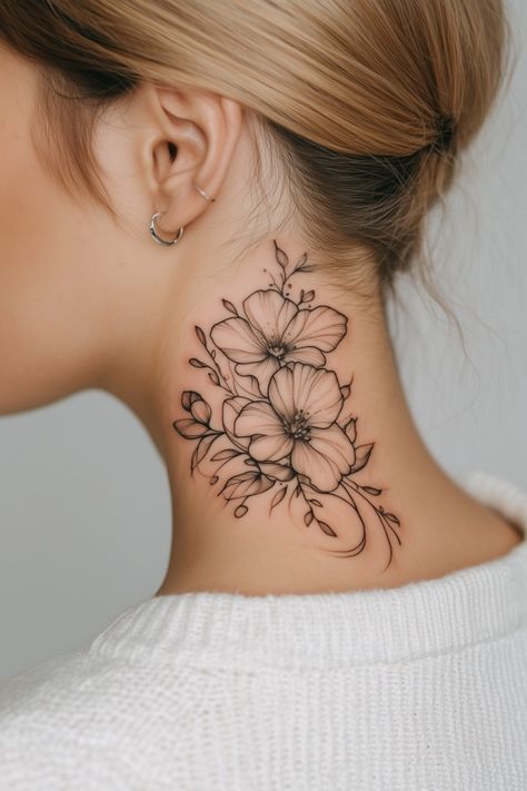 Women Side Neck Tattoo, Woman Neck Tattoo Side, Elegant Neck Tattoo, Floral Neck Tattoo For Women, Side Neck Tattoos Women Ideas, Side Of Neck Tattoos Women, Neck Tattoos Women Side, Side Of Neck Tattoo, Side Neck Tattoos Women