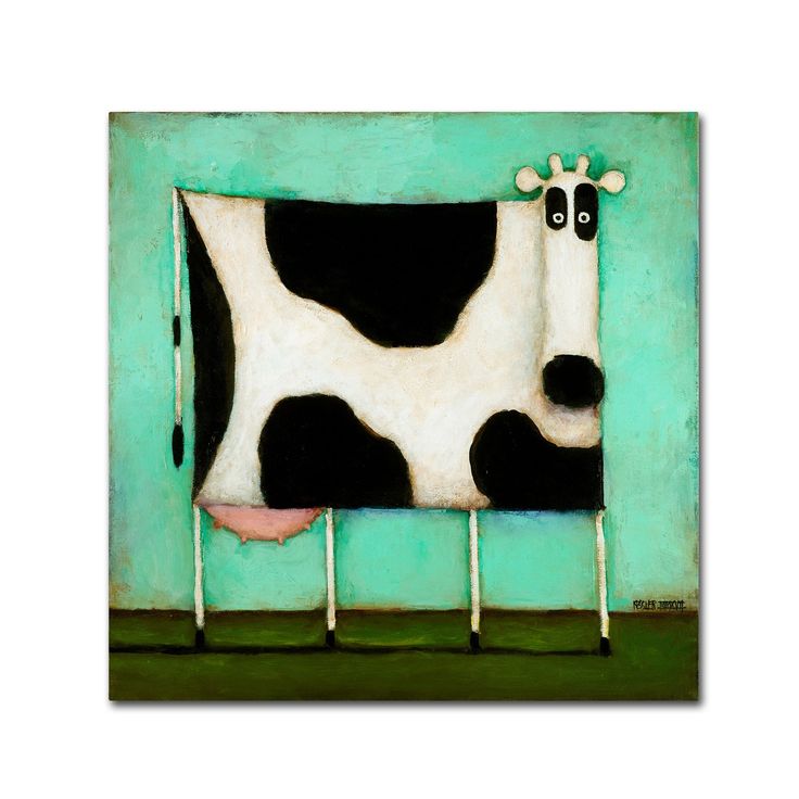 a painting of a black and white cow in a green room with the head turned to look like it is sticking its tongue out