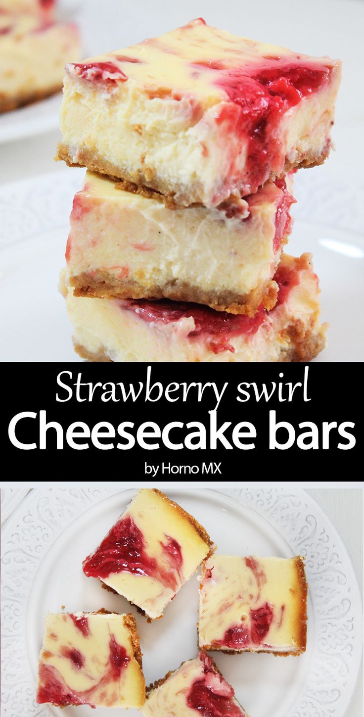 strawberry swirl cheesecake bars are stacked on top of each other and ready to be eaten