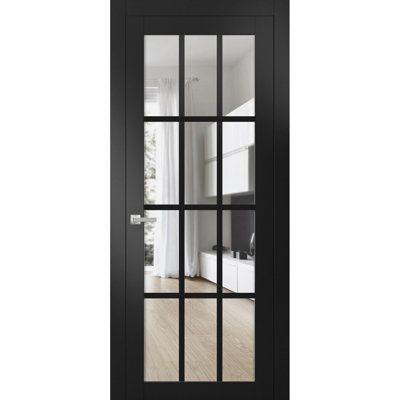 an open black door with glass panels on the inside and outside doors that lead into a living room