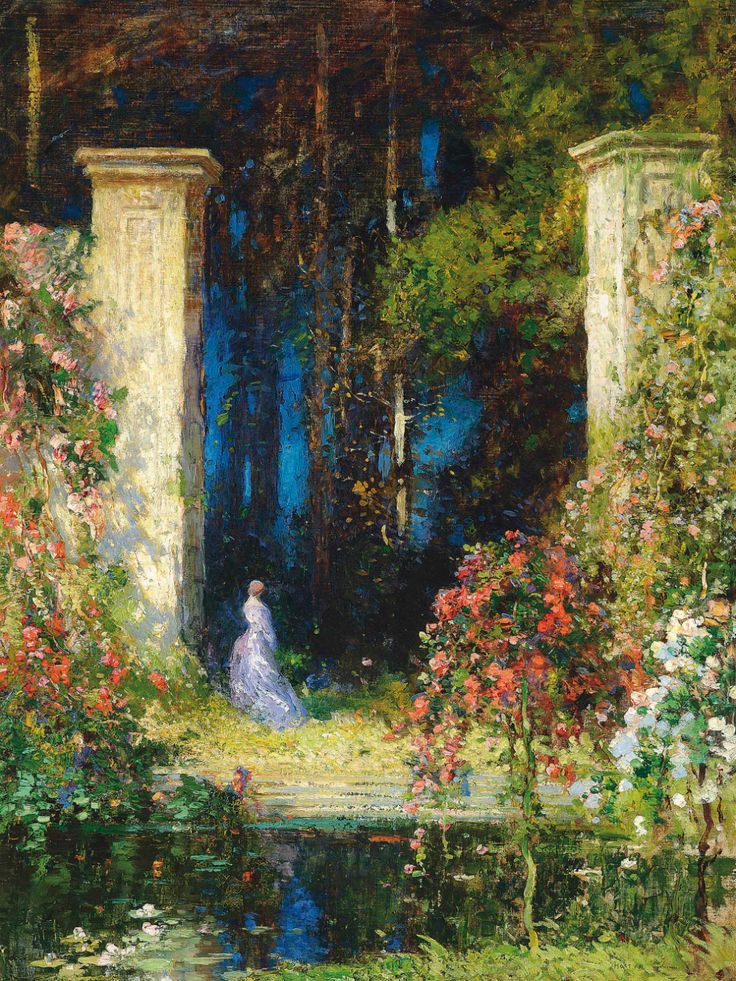 a painting of a woman walking into a garden