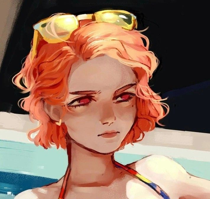 a woman with red hair and sunglasses on her head is sitting in a swimming pool