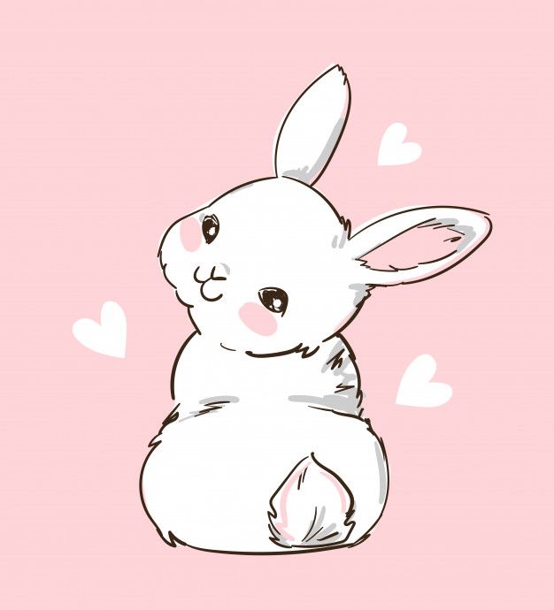 a drawing of a white rabbit sitting on top of a pink surface with hearts in the background