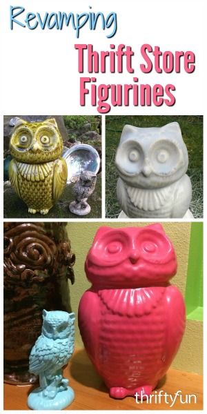 three different colored owl statues sitting next to each other