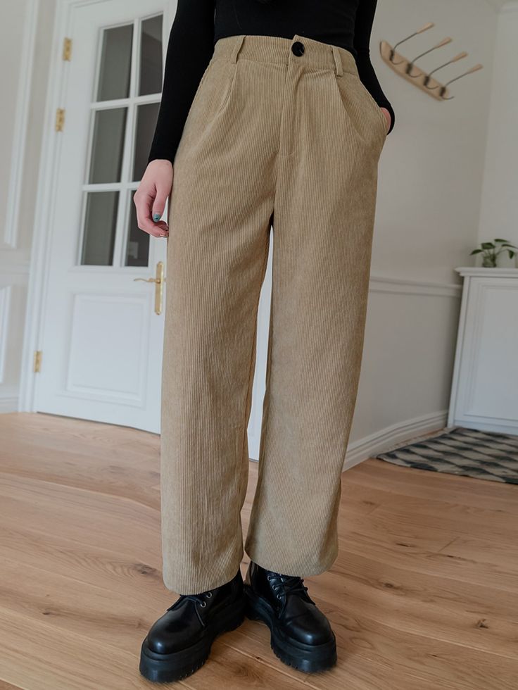 Khaki Casual   Corduroy Plain Straight Leg Embellished Non-Stretch Fall/Winter Women Bottoms Shop Dresses Online, Corduroy Pants Women, Women Bottoms, Corduroy Trousers, Women Pants, Online Dress Shopping, Fashion Shop, Corduroy Pants, Shop Dresses