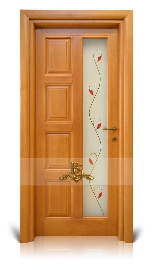 an open wooden door with decorative glass paneling on the front and side panels,