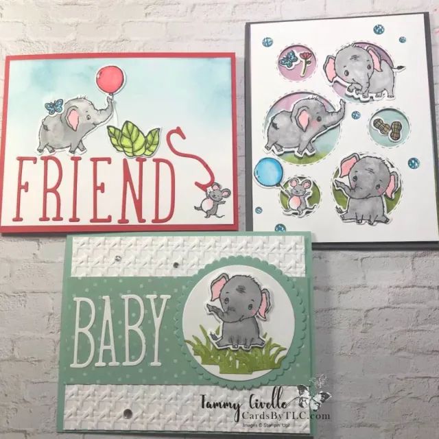 three cards with elephants and balloons on them, one has a friend's baby