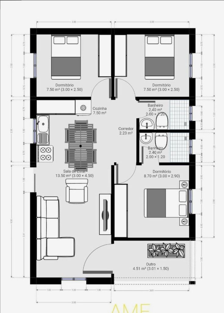 the floor plan for an apartment with two beds and one living room, which is divided into