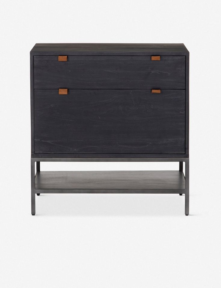 a black dresser with two drawers on one side and an open drawer on the other